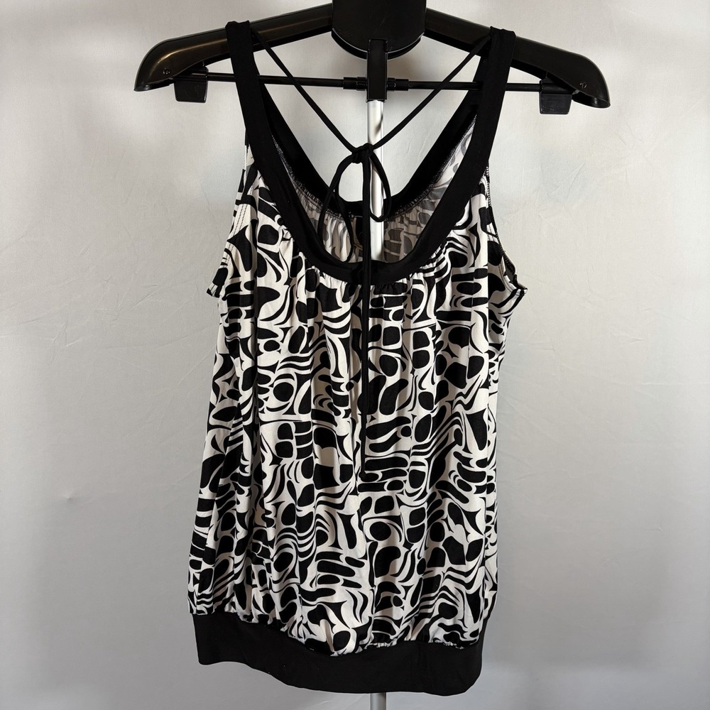 Womens XL Y2K 90s Black White Abstract Tank Top Flowy VTG Business Whimsy Tie